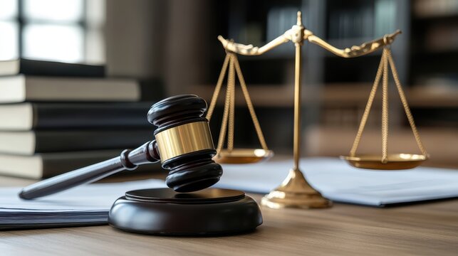 Gavel and Scales of Justice in a Legal Courtroom Setting with Legal Documents