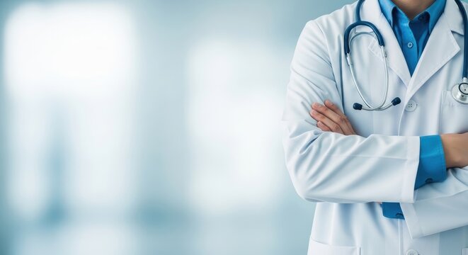 Doctor wearing white lab coat with stethoscope around neck arms crossed on blue blurred background studio portrait.
