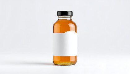 Obraz premium Clear glass bottle filled with amber liquid, black cap, blank label, centered on white