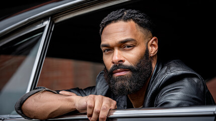 Confident young man with beard leaning from car window