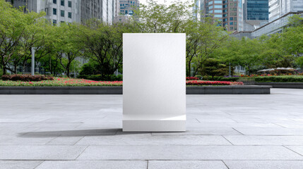 Blank vertical billboard display in urban park plaza