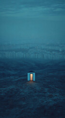 Small hut with glowing door near foggy city
