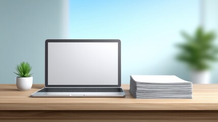 Fototapeta premium Modern Workspace with Laptop, Blank Screen, Stack of Papers, and Potted Plant on a Wooden Desk in a Bright and Minimalist Office Setting
