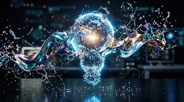 A dynamic, futuristic lightbulb bursts with energy, symbolizing innovation and creativity. Use: marketing campaigns, tech company branding, creative.