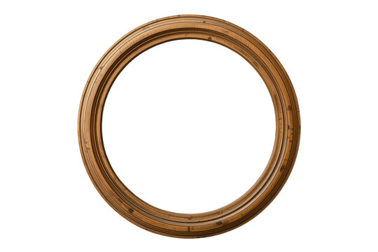 Round natural wood picture frame in vintage style for artwork display, isolated with transparent background