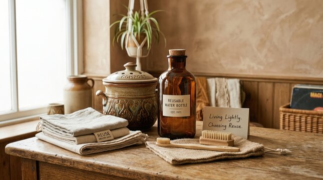 A cozy wooden table displays eco-conscious personal items including a reusable water bottle, natural soap in an antique jar, and organic cotton.