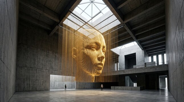 A large golden human head suspended from a concrete ceiling in an expansive indoor gallery, where few visitors wander around.
