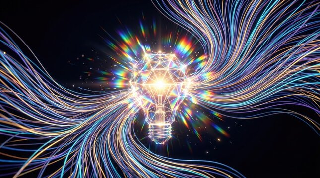 A vibrant light bulb radiates with digital, multicolored lines depicting creative energy and innovation. Use: tech startup marketing material.