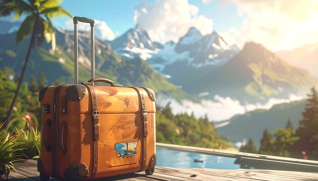 A brown suitcase on a deck overlooking a serene mountain lake