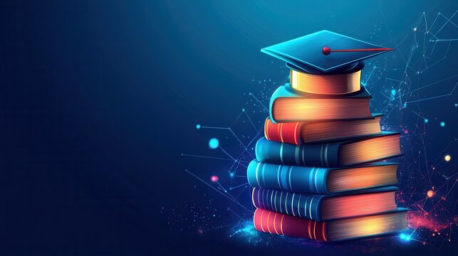 Stack of Academic Books with Graduation Cap and Glowing Digital Network Elements, Representing Modern Education Technology