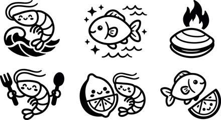 Fototapeta premium Black and white cute seafood shrimp fish lemon icons with flame and utensils