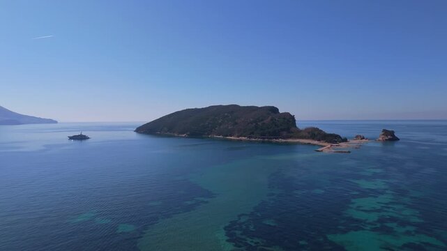 Sveti Nikola Island Aerial in Calm Adriatic Sea Budva Montenegro
