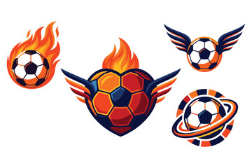 Dynamic soccer ball icons with fire wings and orbit elements. © jubayer71
