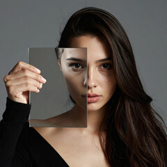 Naklejka premium Conceptual Fine Art Studio Portrait of Beautiful Young Woman Holding Glass Pane Over Half Her Face