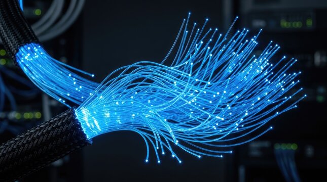 Glowing blue fiber optic cables representing high speed data transmission and network communication.