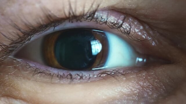 Close-up views of an eye. dilated pupils after ophthalmologist drops
