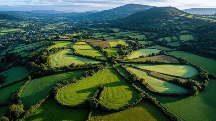 Fototapeta premium An aerial view of rolling hills in Ireland forming the shape of a giant shamrock, patchwork fields, drone view,