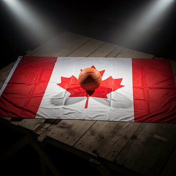 Basketball on Canada flag fabric background, Canadian sports concept with national pride theme