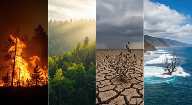 Collage of extreme weather events and natural environments showing forest fire lush greenery cracked drought land and ocean waves.