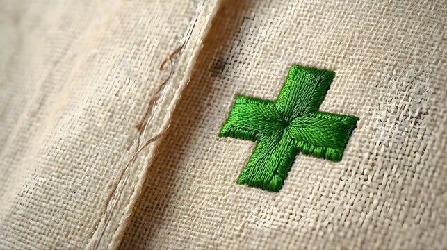 Medical health cross symbol embroidered with green silk thread on linen