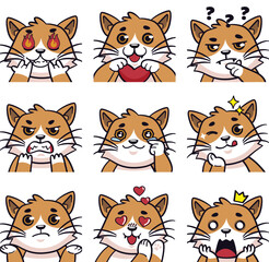 Obraz premium Cute Brown Cat Emoji Set – Kawaii Cat Expressions Cartoon Vector Pack