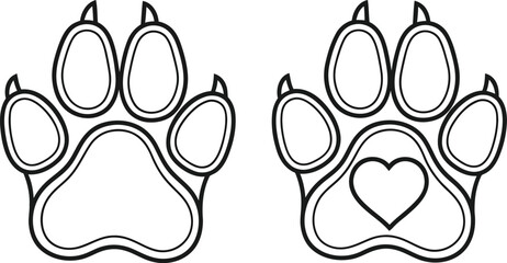 Animal paw prints with a heart shape black and white illustration © MDOMOR