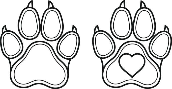 Animal paw prints with a heart shape black and white illustration