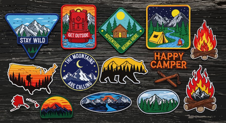 Diverse collection of embroidered patches featuring mountains, forests, campfires, and outdoor adventure themes, ideal for nature lovers and travel enthusiasts © john