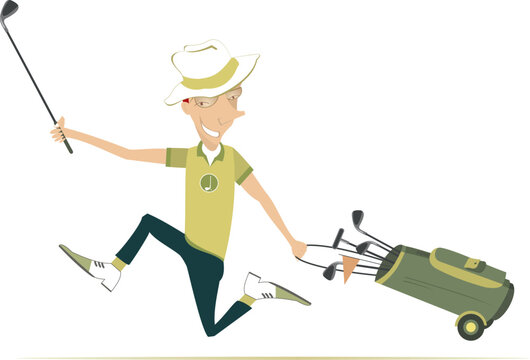 Cheerful golfer man in the hat runs to play golf