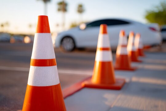 Close-up of an orange traffic cone in a row on a street curb. Safety pylons for road work, parking, or construction. Traffic control and warning barrier
