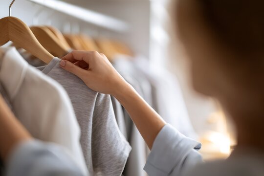 A woman choosing an outfit from a clothing rack in a closet. Close-up of a hand selecting a t-shirt on a wooden hanger. Minimalist fashion and wardrobe organization concept