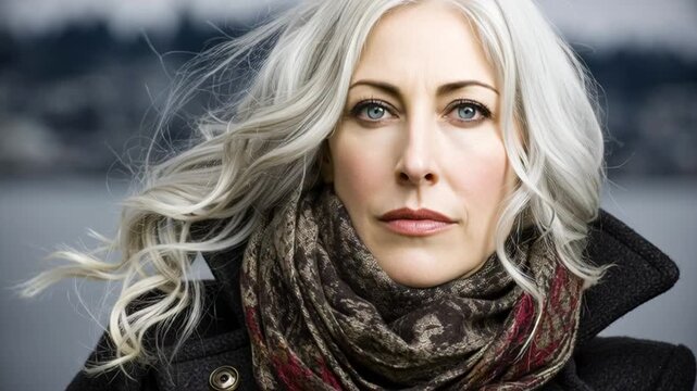 Elegant portrait of a mature woman with silver hair and striking blue eyes wrapped in a cozy scarf against a blurred waterfront backdrop a symbol of timeless beauty and confidence
