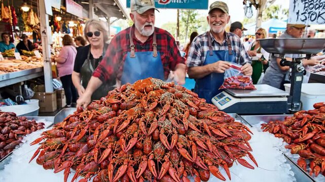 A vivid cluster of crawfish fills a market display, their deep red shells piled together in a fresh and lively grouping at a bustling seafood stall.