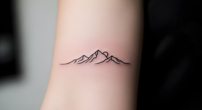 Minimalist mountain tattoo on inner forearm, fine line mountain range ink art, simple landscape tattoo design with sun and peaks