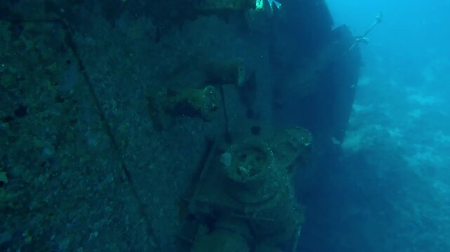 Bow of ship with rigging and anchor winch of Salem Express ferry, Wreckship in Red Sea, Slow motion, Forward movement, Details of sunken ship in the depth sea