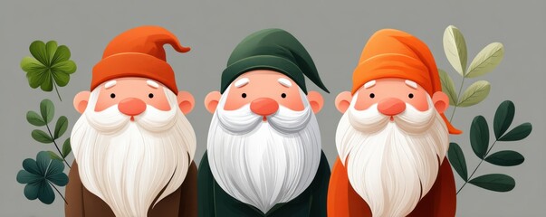 Obraz premium Three cute bearded garden gnomes in colorful hats with clovers - flat vector illustration