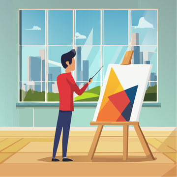 Artiste Peintre dans son Atelier Lumineux avec &OElig;uvres G&eacute;om&eacute;triques aux Murs
