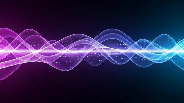 Vibrant purple and blue quantum wave with glowing particles on dark background