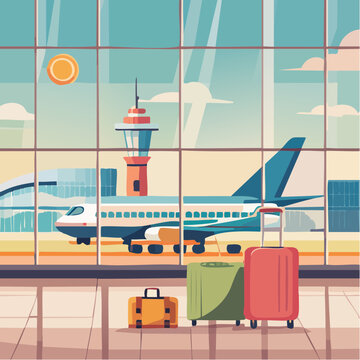 A&eacute;roport au D&eacute;part avec Avion, Bagages et Terminal G&eacute;om&eacute;trique

