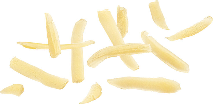 Falling grated cheese macro isolated on white background