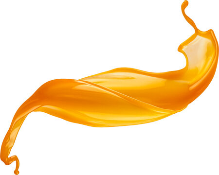 Orange juice splashes, flowing streams Isolated