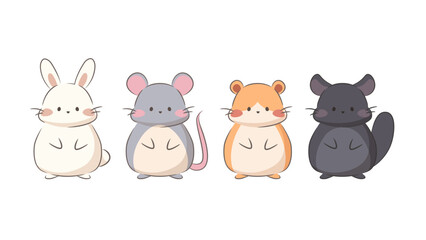 Fototapeta premium Cute cartoon animals, kawaii animals. Vector illustration with outlines, pets for children. White rabbit, hamster, mouse, and chinchilla