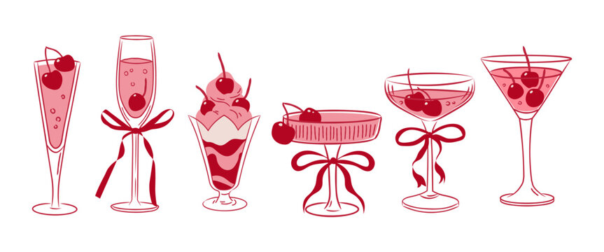 Set of retro cocktails with cherries. Pink glasses with drinks, fancy girly drinks in coquette style