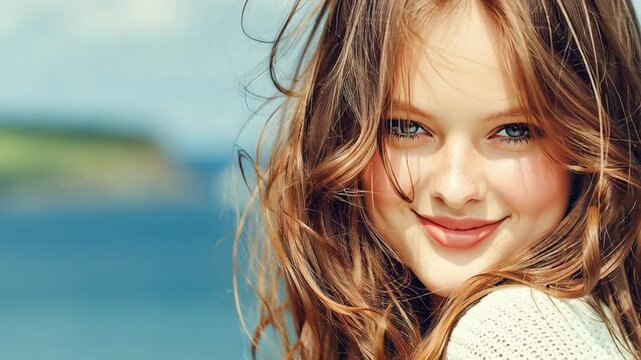 Smiling young girl with windblown hair enjoys a sunny day by the water radiating joy and carefree happiness a portrait of childhood innocence and natural beauty