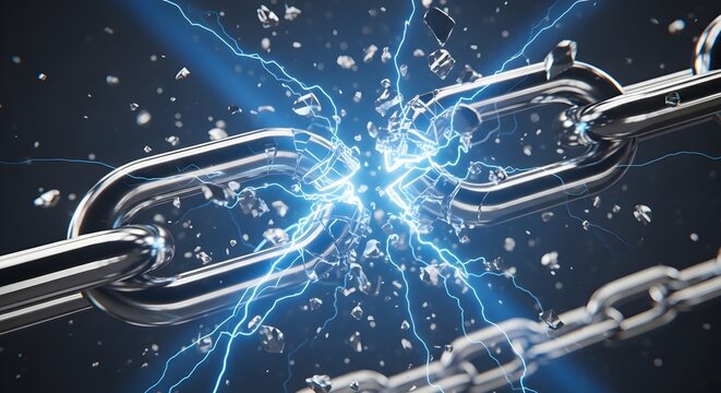 Broken metal chain with electric blue lightning sparks, shattered chrome link snapping under pressure, concept of freedom and data breach