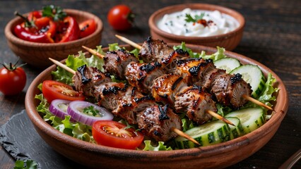 Fototapeta premium Grilled meat skewers with fresh vegetables and dip