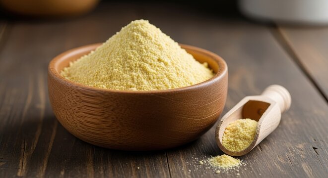 Close-up of a bowl of yellow corn flour with a wooden scoop on a rustic table.