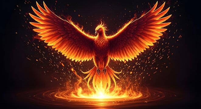 Majestic phoenix rising from fire, mythical firebird with glowing orange wings, legendary creature reborn from burning embers and sparks