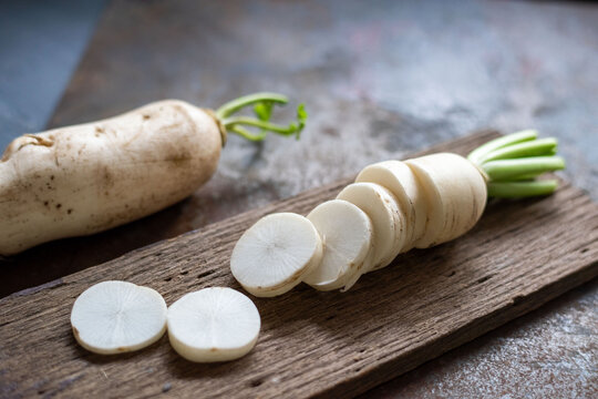 Fresh sliced daikon radish wood