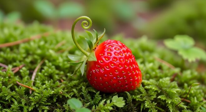 Fresh wild strawberry on green forest moss, ripe red berry with spiral stem in nature, organic woodland fruit macro photography